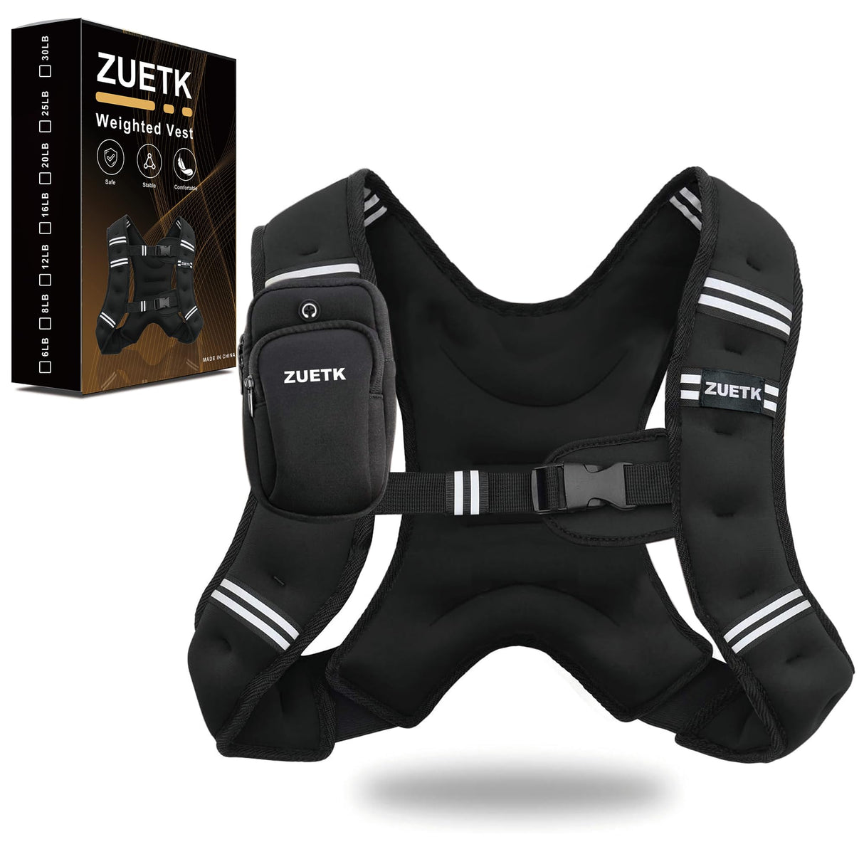 ZUETK Weighted Vest, 6lb/8lb/12lb/16lb/20lb/25lb/30lb Weight Vest with Reflective Stripe, Weighted Vest for Men Women Workout Equipment for Strength Training, Running, Jogging, Fitness, Weight Loss