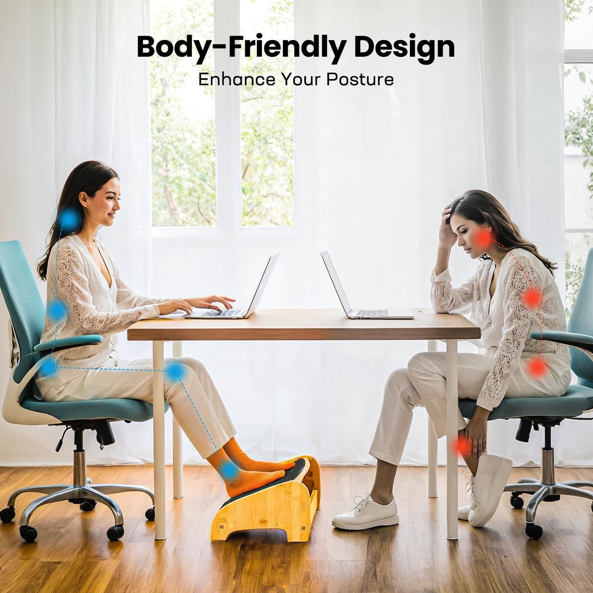 HUANUO Bamboo Under Desk Footrest, Ergonomic Foot Rest with 4 Height Options & Adjustable Angles, Pebble Massage Surface, Non-Slip Foot Rest for Under Desk at Work for Improved Posture, Home & Office