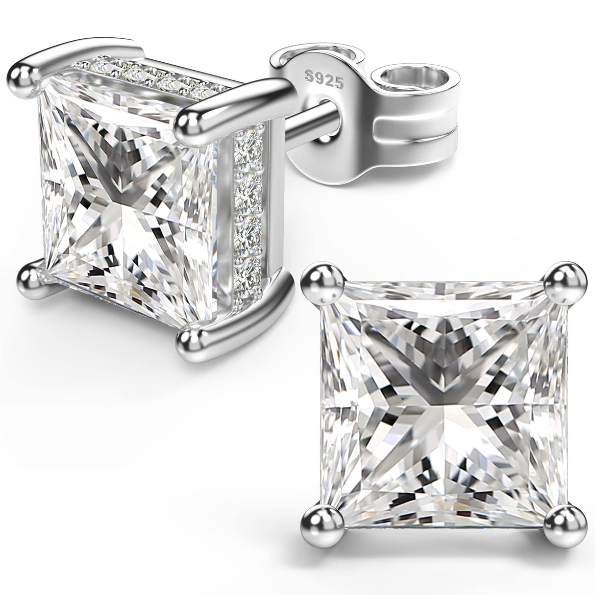 Princess Cut Cubic Zirconia Stud Earrings for Men Women (6MM, White Gold)