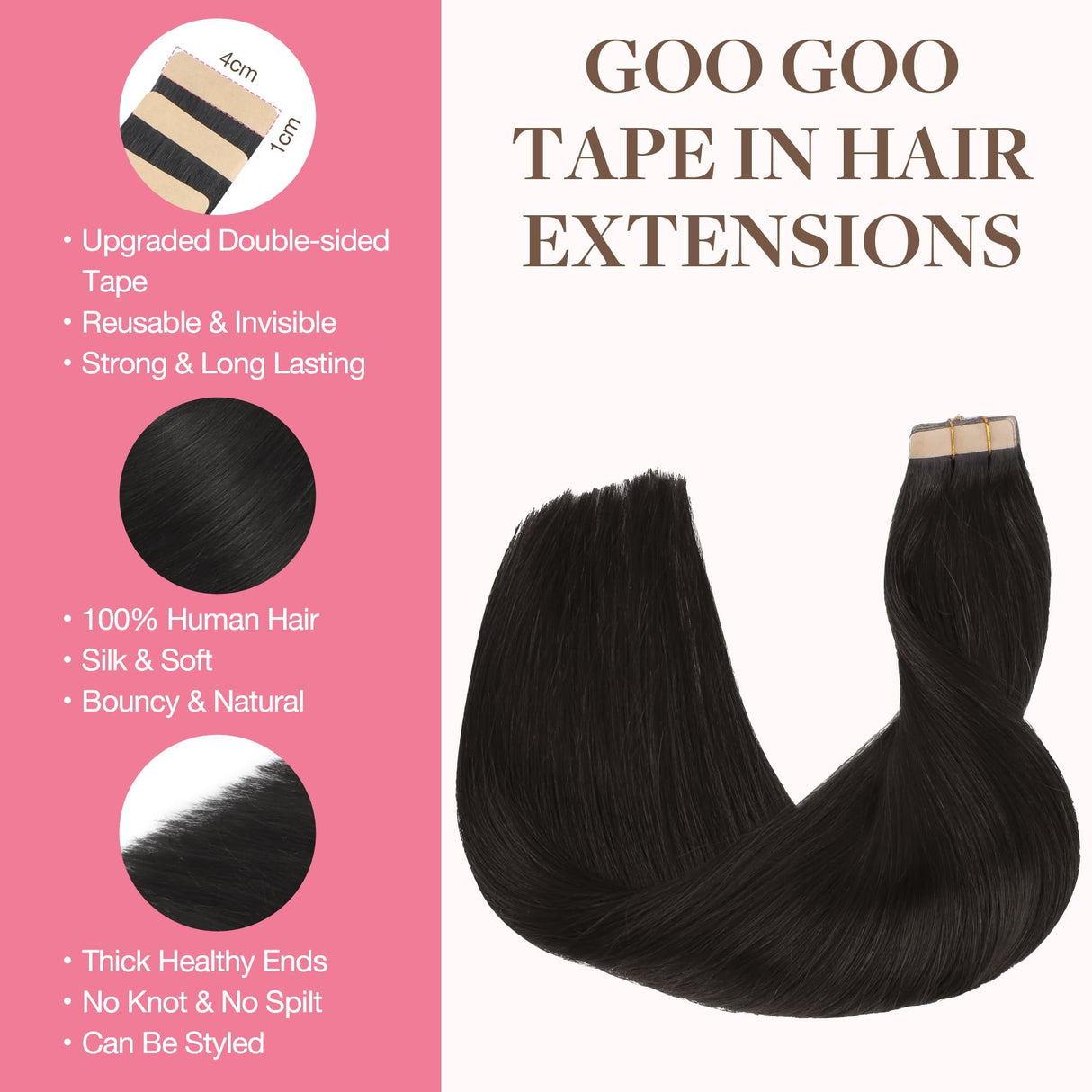 GOO GOO Tape in Hair Extensions Human Hair, 1B Natural black, 20inch 50g 20pcs, Thick Ends Straight Seamless Tape in, Invisible Tape in Hair Extensions Human Hair