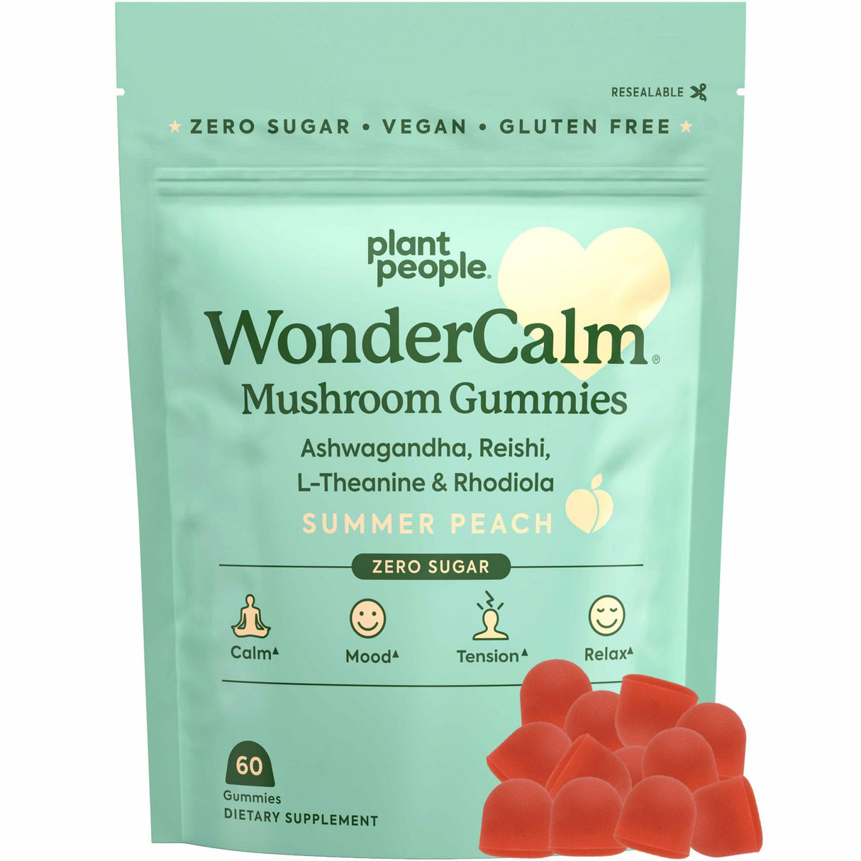 Plant People WonderCalm Mushroom Gummies - Natural Ashwagandha Supplement to Ease Stress & Boost Mood for Adults Without Sugar, Gluten or Artificial Colors, Vegan-Friendly, Peach Flavor, 60 Count