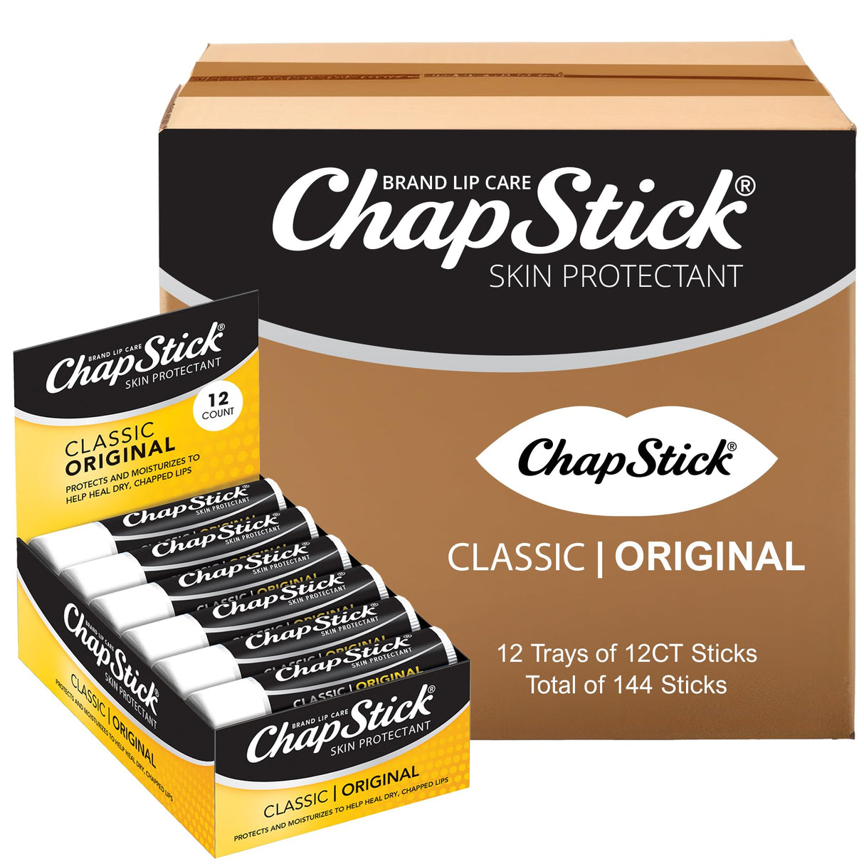 ChapStick Bulk Lip Balm, Classic Original 144-Count – Lip Moisturizer for Dry Lips, 0.15 Oz Ea