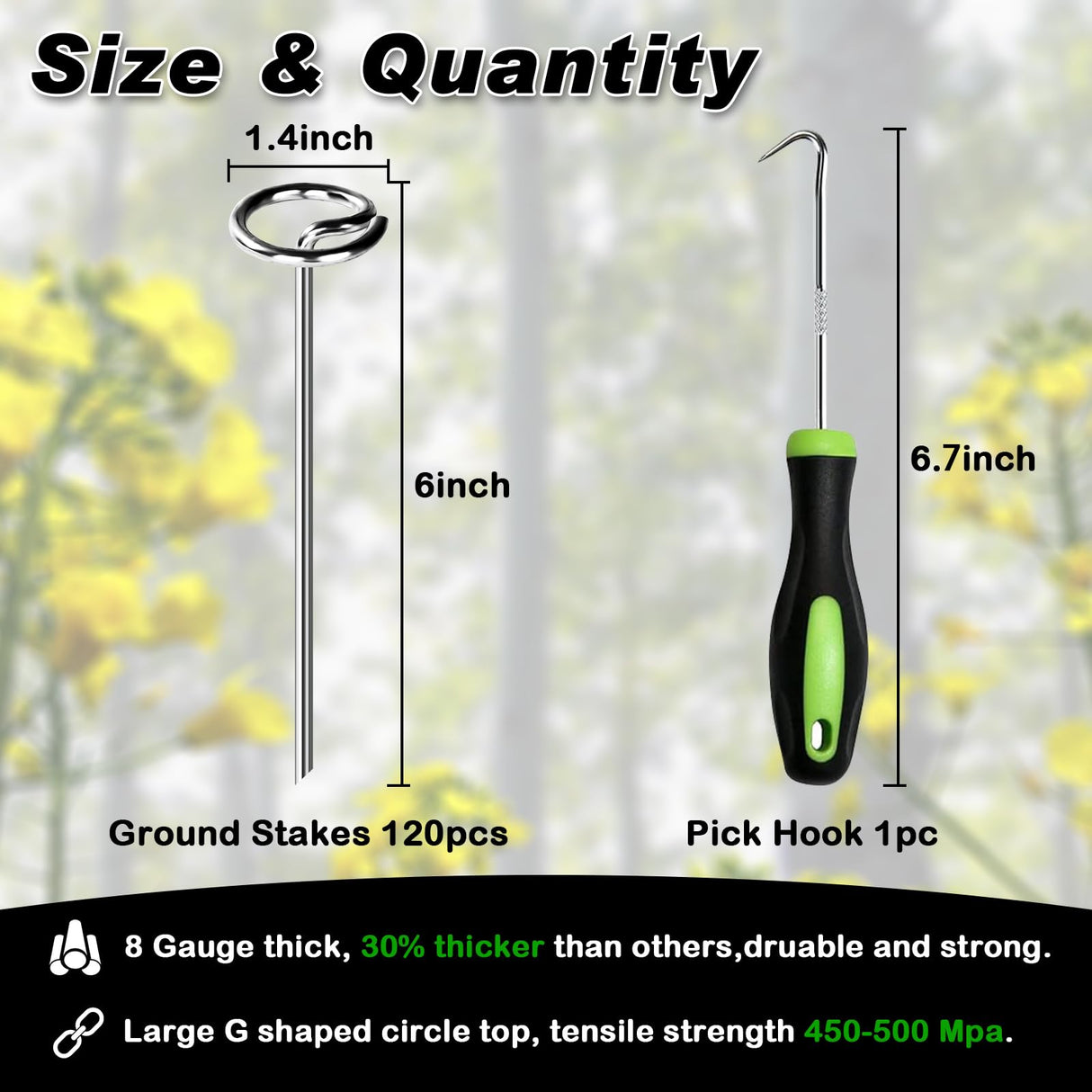 FEED GARDEN Heavy Duty Landscape Fabric Pins 8 Gauge 120 Pack with Pick Hook, 6 Inch Galvanized Round Head Garden Stakes for Weed Barrier Fabric, Turf, Sod, Tent, Garden Edging & Hard Soil