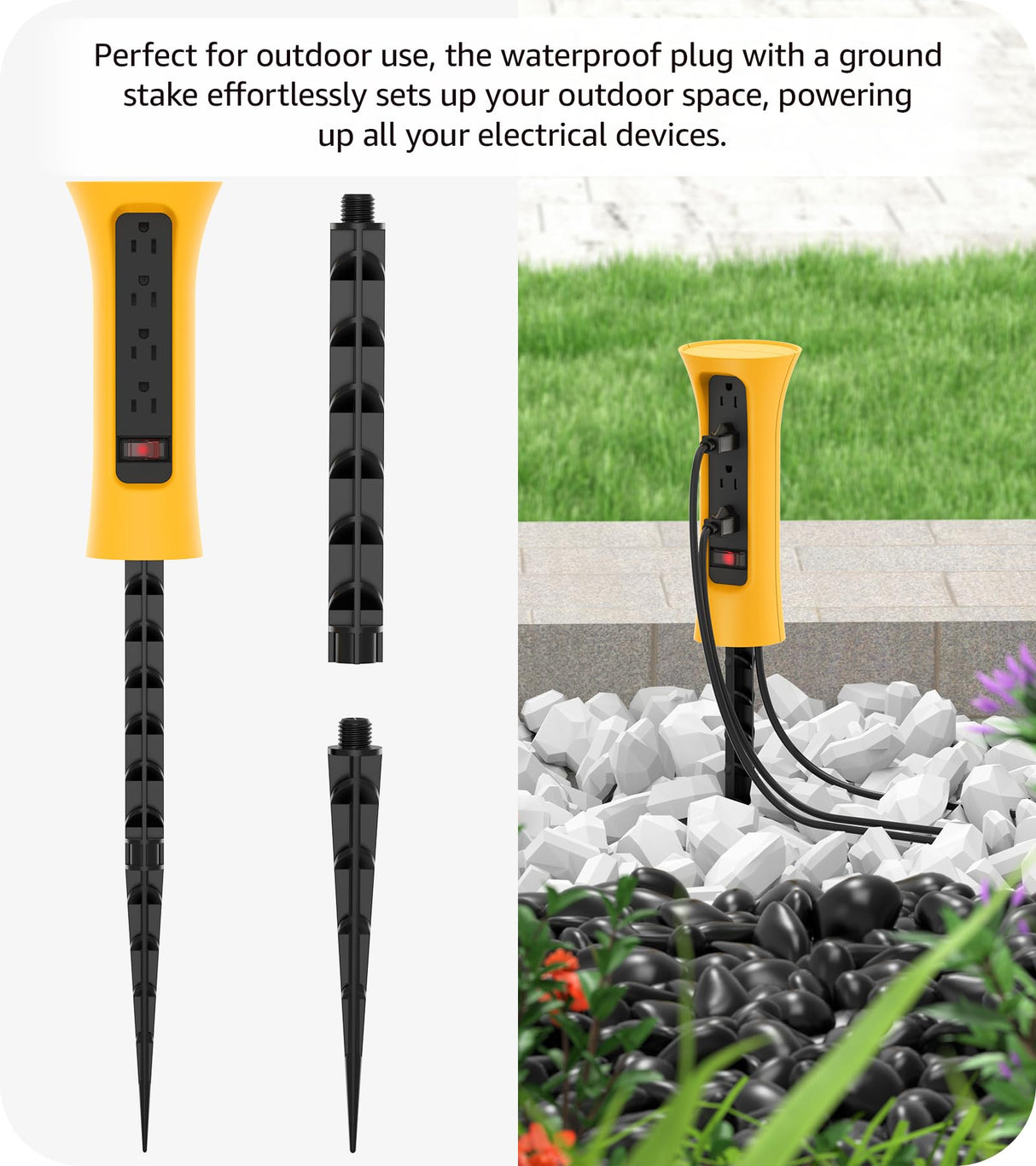 CCCEI Outdoor Power Strip Weatherproof with Stake, Waterproof Extension Cord with Multiple Outlets, Christmas Exterior Garden Decor, Yard, Camping, 4 Plugs, Surge Protector 6FT, Yellow.