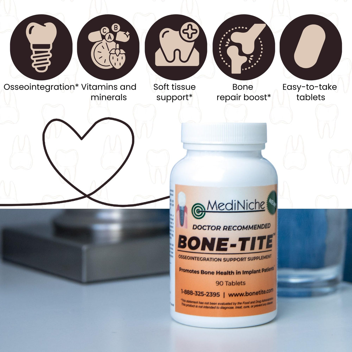 Bone-Tite Osseointegration Support Supplement I Key Vitamins, Minerals, and Nutrients to Promote Dental Implant Support | 90 Tablets | Pack of 1
