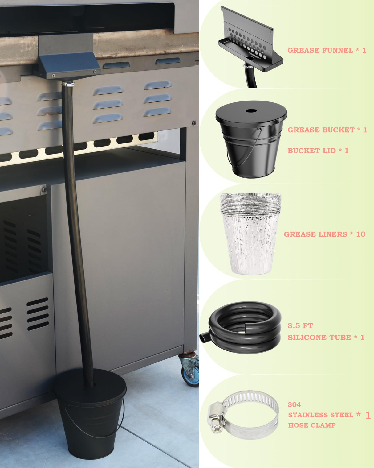 Rear Grease Drainage System for Blackstone Griddle, Equipped with Rear Grease Catcher Funnel, 10-Pack Disposable Foil Liners, Drip Grease Bucket W/Lid and Grease Trap, Blackstone Griddle Accessory