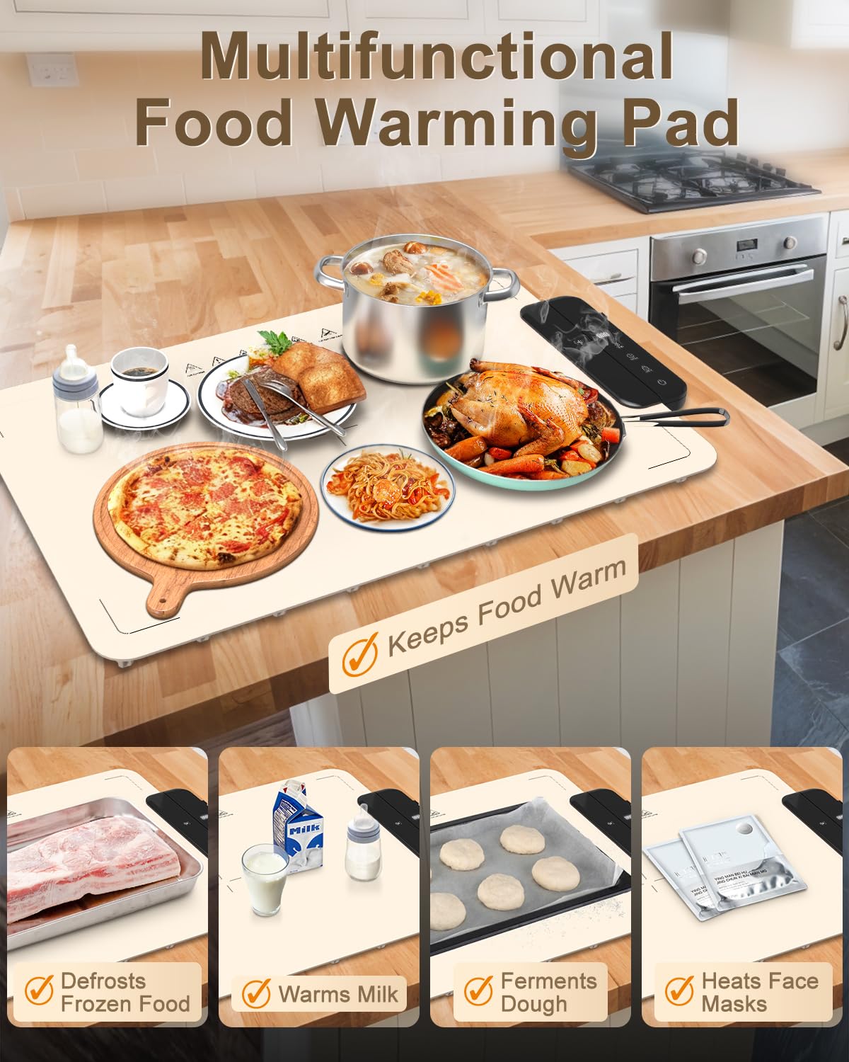 Electric Warming Mat for Food, ZAPLIT 24''x16 Washable Silicone Warming Tray with 6 Temp Settings, 6 Timers, Child Lock, and Auto Standby — Food Warmer for Buffet, Family Gathering, and Party (Beige)