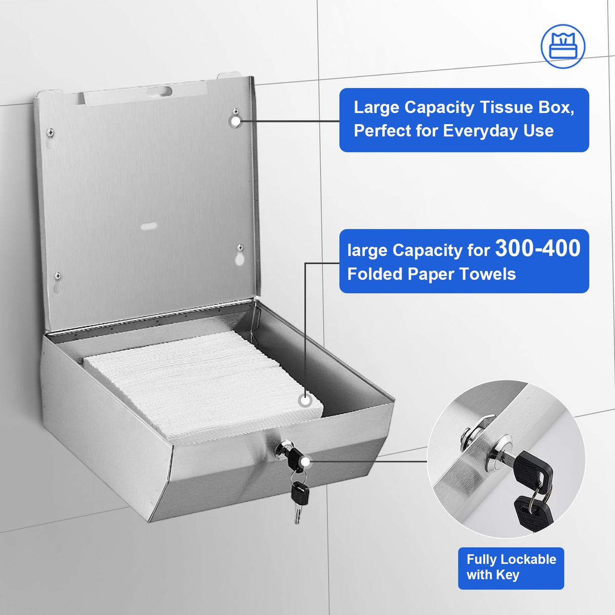 DUTYWORKS Commercial Paper Towel Dispenser Wall Mount, 304 Stainless Steel C-Fold Multifold Trifold Holder with Lock, Large Capacity Hand Towel Tissue Dispenser for Bathroom Kitchen Restaurant Office