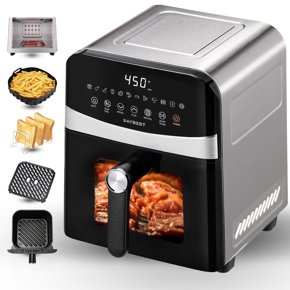 Stainless Steel Air Fryer Ceramic Coat Basket Non Toxic Metal Cavity 6 QT Compact for 2-3 PAX, DAYBEST Dual Heats Airfryer 450ยฐF 12 in 1, Dishwasher Safed Pot, Plate, Rack & Liner (Stainless Steel)