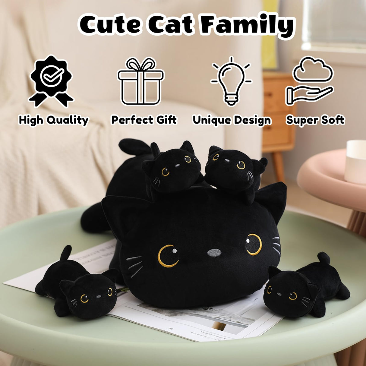 SQEQE Black Cat Mommy Stuffed Animal with 4 Babies Cat in her Tummy, Cute Black Cat Plush Toys for Kids, Gifts Ideal for Christmas, Valentine's, Birthday