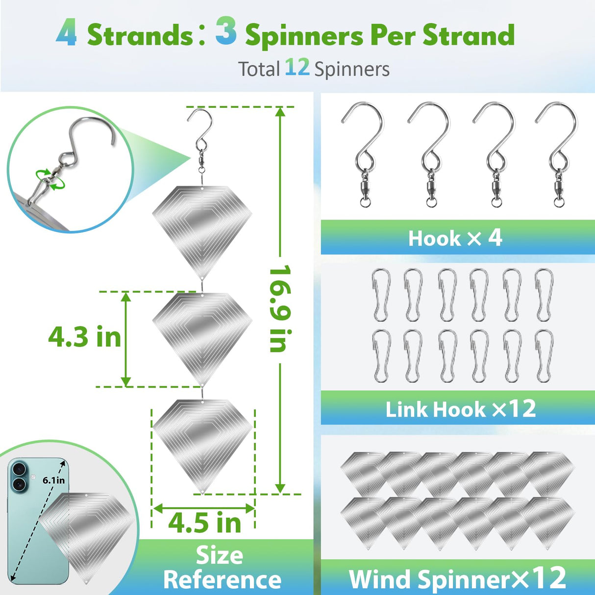 Superlong Bird Deterrents for Outside, 12 Discs Stainless Steel 3D Wind Spinners Garden Decor, 4 Sets Reflective Bird Scare Devices to Keep Woodpeckers, Pigeons Away from Patio, Balcony, Porch, Deck