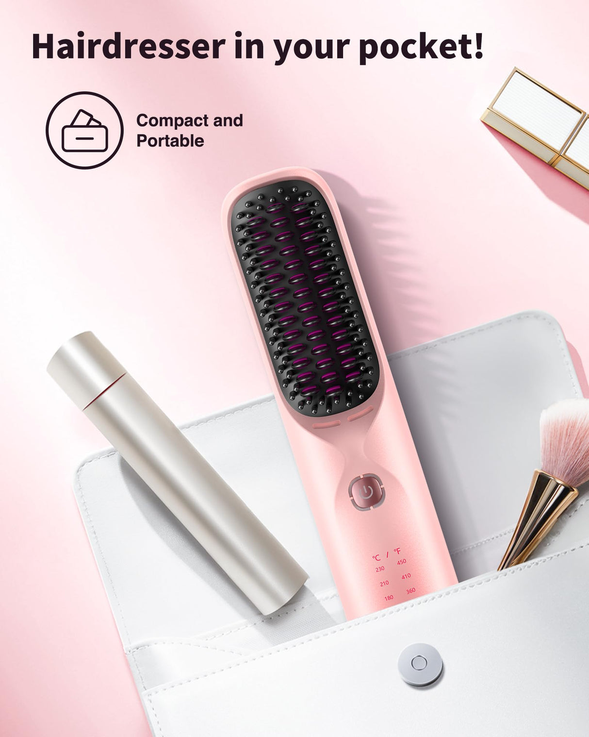 Cordless Hair Straightener Brush - Portable Hair Brush for Travel - 30s Fast Heating - 300 Million Negative Ions for Frizz-Free Shine, Touch Up On-The-Go, Gift for Women,10,000mAh