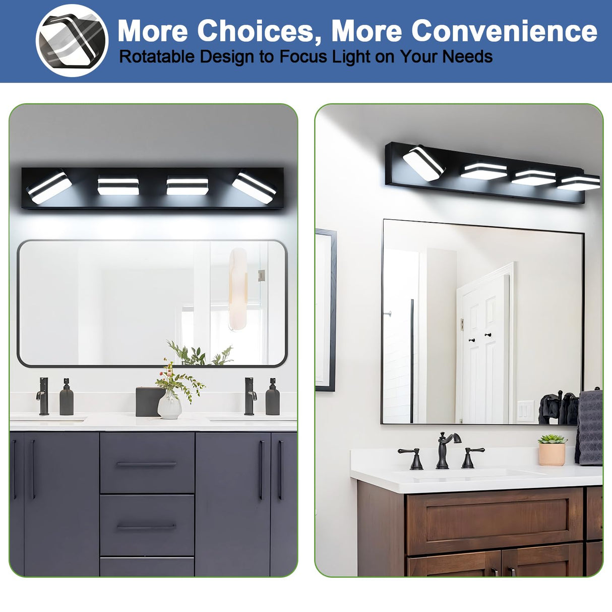 360° Rotate LED Bathroom Vanity Light Fixtures, 1600LM Acrylic Matte Black Vanity Lights for Bathroom, Modern Wall Lighting Fixtures Over Mirror Kitchen Living Room Hallway (Natural White Light 5000K)