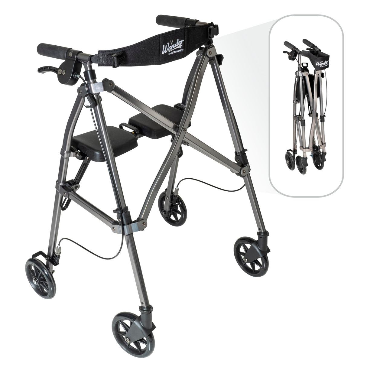 Stander Wonder Rollator, Lightweight Folding Space Saver Mobility Rolling Walker for Seniors and Adults, 6-inch Wheels, Locking Brakes, and Padded Seat with Backrest, Black Walnut