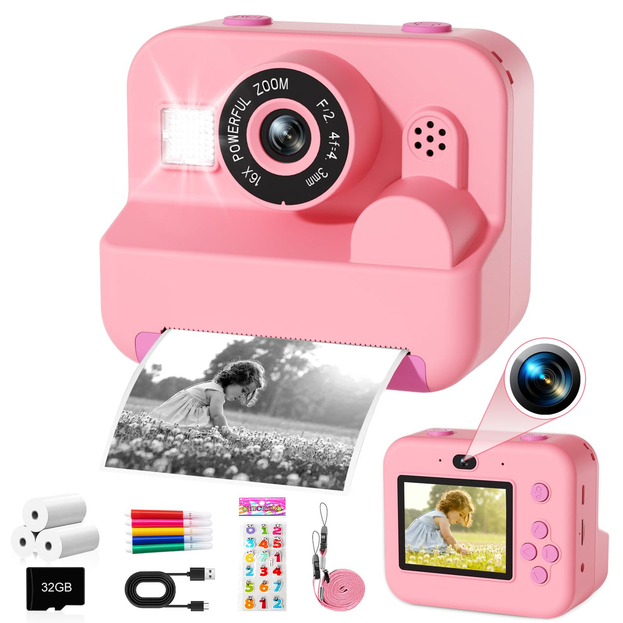 Kids Camera Instant Print - 1080P HD Video Digital Camera for Toddler with Printing Photo Paper, Portable Toy for 4 5 6 7 8 9 10 Years Old, Christmas Birthday Gifts for Boys Girls (Pink)