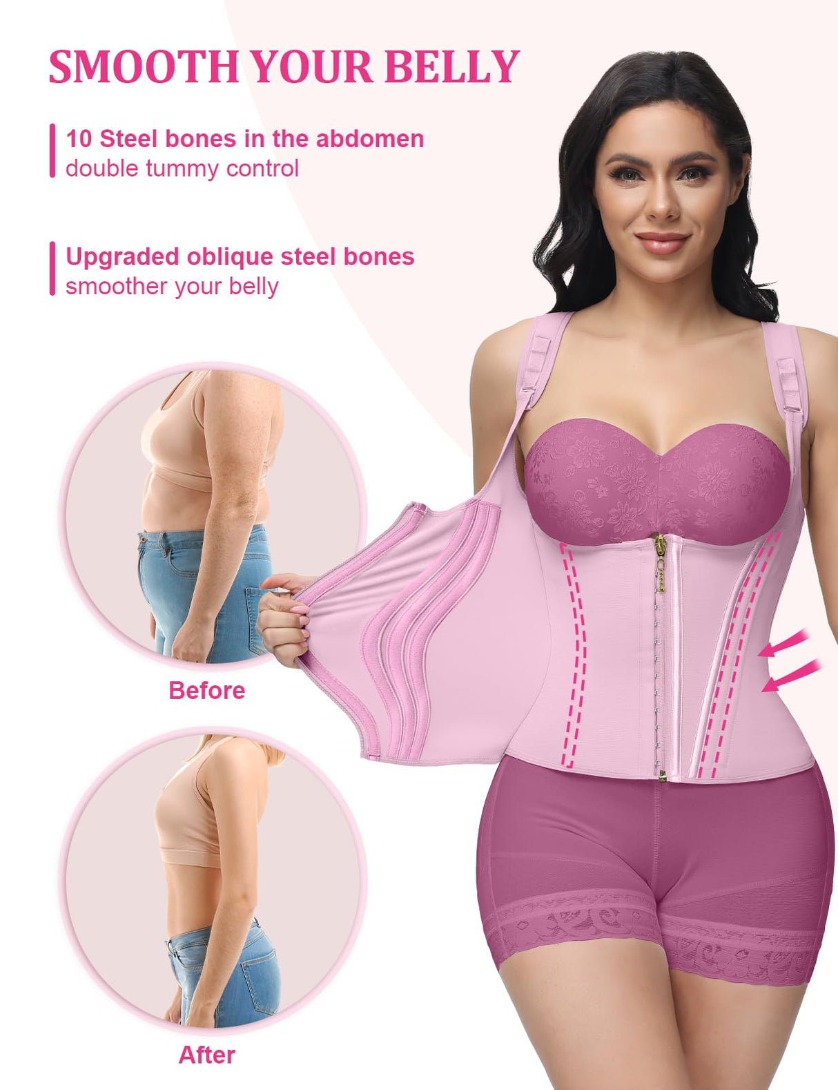 SHAPSHE Waist Trainer for Women, Tummy Control Sports Girdle, Workout Body Shaper with Adjustable Shoulder Strap Pink