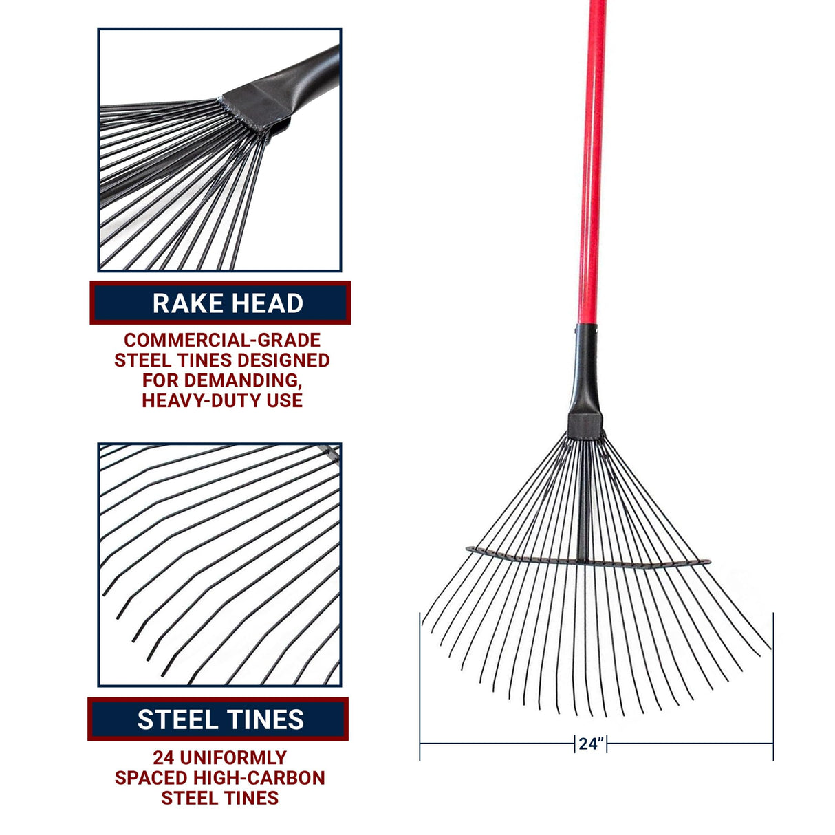 Bully Tools 24-Tine Thatching Garden Rake for Leaves | Heavy Duty Metal Leaf Rake | Dethatching Large Leaves and Yard Debris, 23.5" Wide 68" Fiberglass Long Handle Rakes for Gardening 100% Made in USA