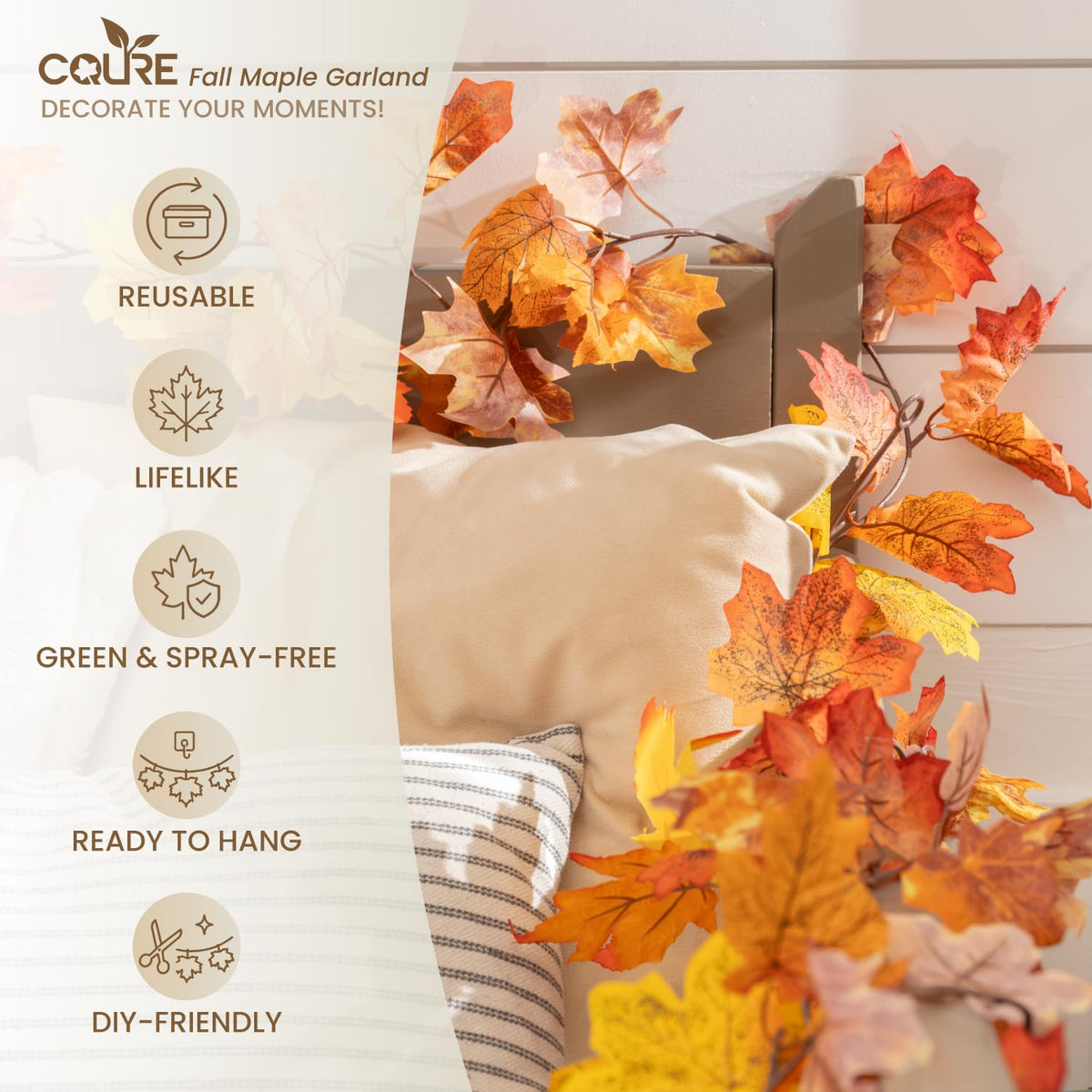 CQURE 2 Pack Fall Leaf Garland, Artificial Fall Vines Autumn Garland Fall Maple Leaves Thanksgiving Decor for Home Wedding Fireplace Christmas