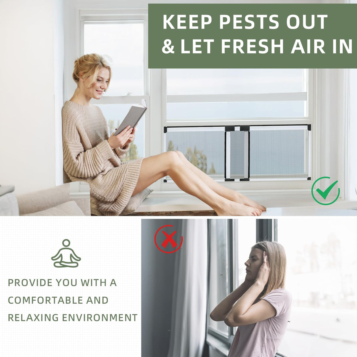 FLYZZZ Adjustable Sliding Window Screen, 2 Ways Aluminum Frame Expandable Window Screen (15.74 ''h x21-40''w)or Convert to Vertical (21.65"h x 15-28"w), B