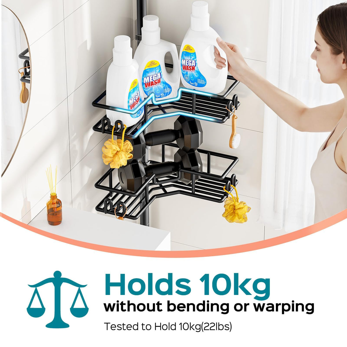 HAMITOR Corner Shower Caddy Tension Pole: 4-Tier Adjustable Shelf Black