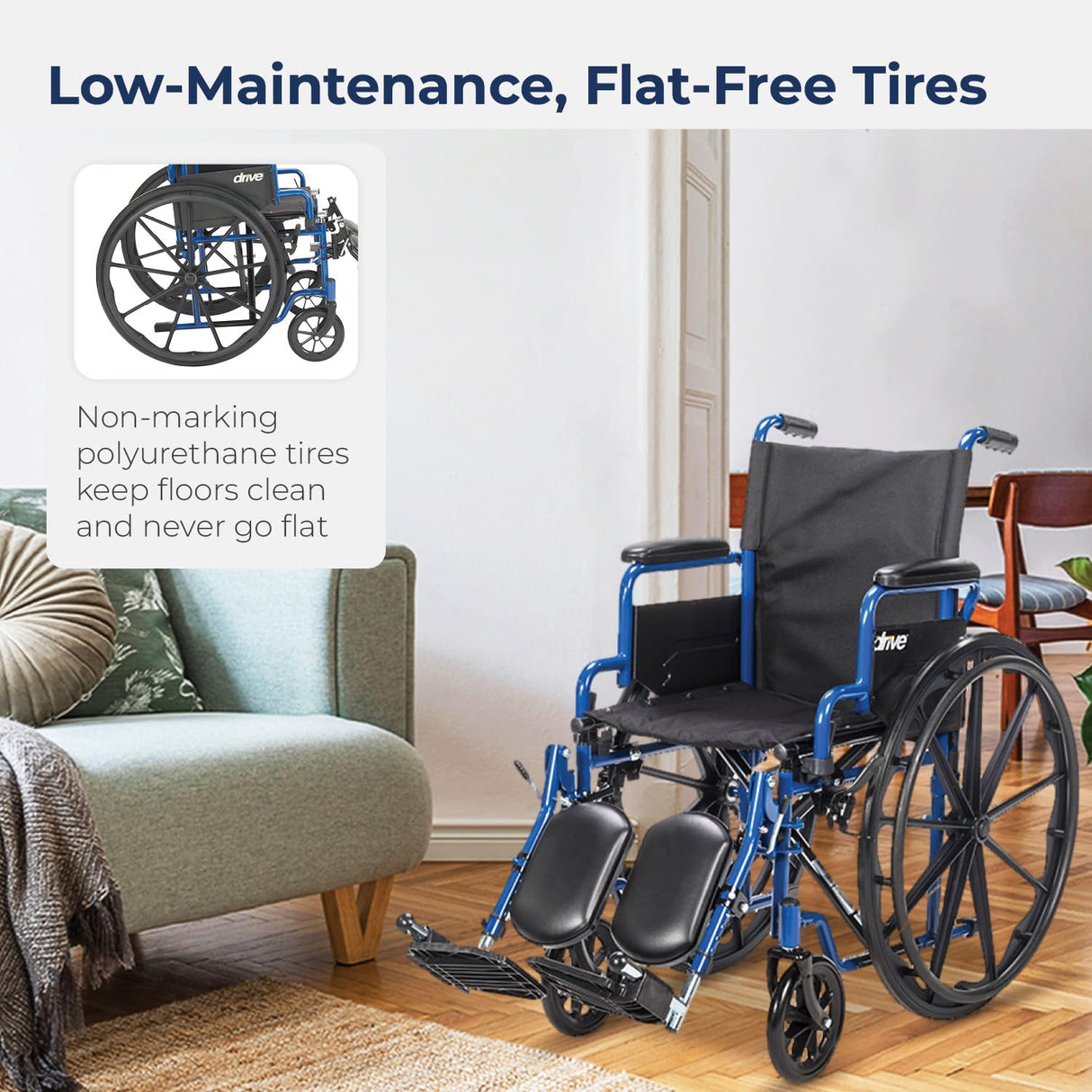 Drive Medical Blue Streak Wheelchair with Flip Back Desk Arms, Elevating Leg Rests Folding Outdoor Desk Length Arms,Alloy Steel 20 Inch Seat