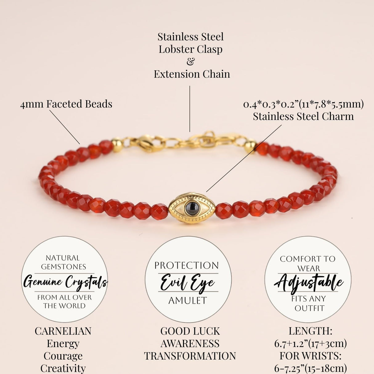 COAI Red Carnelian Bracelet for Women, Crystal Beads Dainty Evil Eye Bracelet for Women 4mm