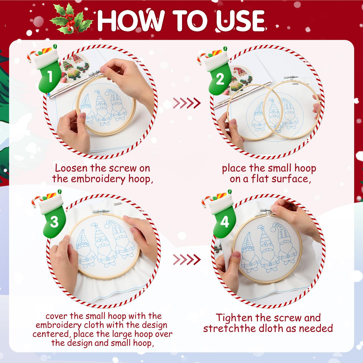 Christmas Embroidery Kit, DIY Hand Embroidery Kit, Beginner Embroidery Kit for Adults, Embroidery Christmas Ornament Kits (B)