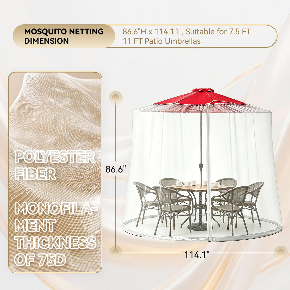 CEAWTUMY 9-11 FT Outdoor Mosquito Netting for Patio, Windproof Universal Umbrella Mosquito Net for Patio Garden Backyards, Polyester Mesh Outdoor Umbrella Screen with Zipper (White)