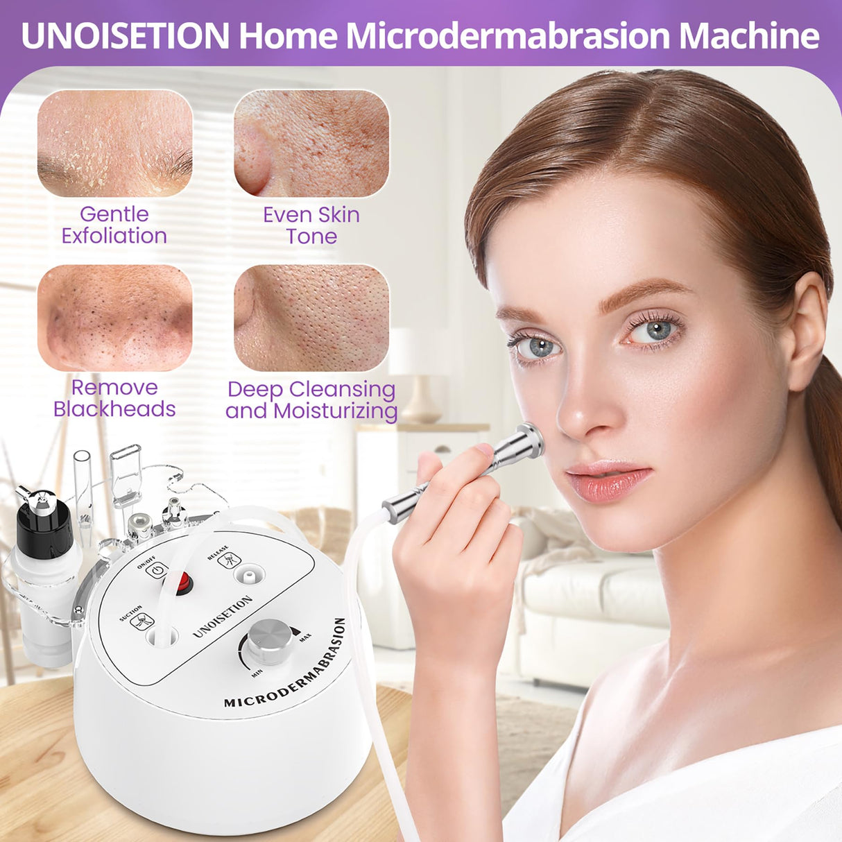 Diamond Microdermabrasion Machine, UNOISETION 3 in 1 Dermabrasion Facial Machine for Exfoliation & Blackhead Removal, Home Use Facial Skin Care Device