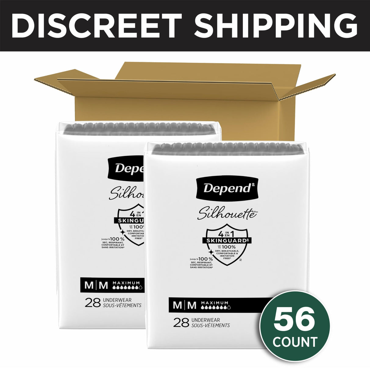 Depend Silhouette Adult Diapers, Incontinence & Postpartum Bladder Leak Underwear for Women, Maximum Absorbency, Medium, Black, 56 Count (2 Packs of 28), Packaging May Vary