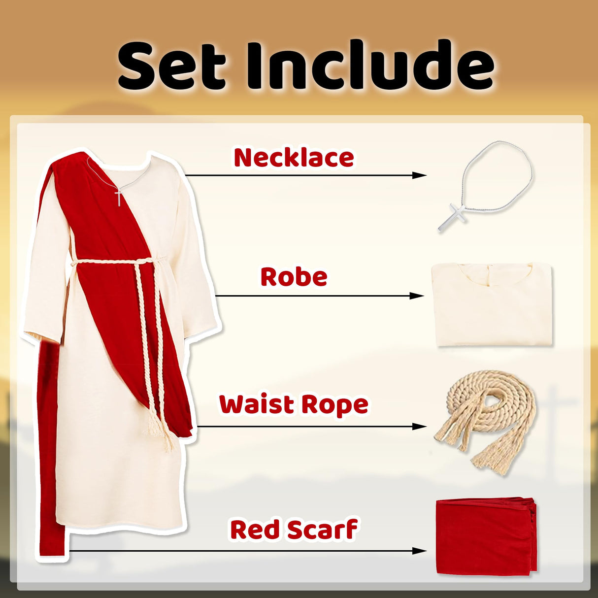 Yickoon Kids Jesus Saint Biblical Robe Costume Necklace Scarf Shawl Waist Rope Cosplay for Kids Halloween Easter Christmas M