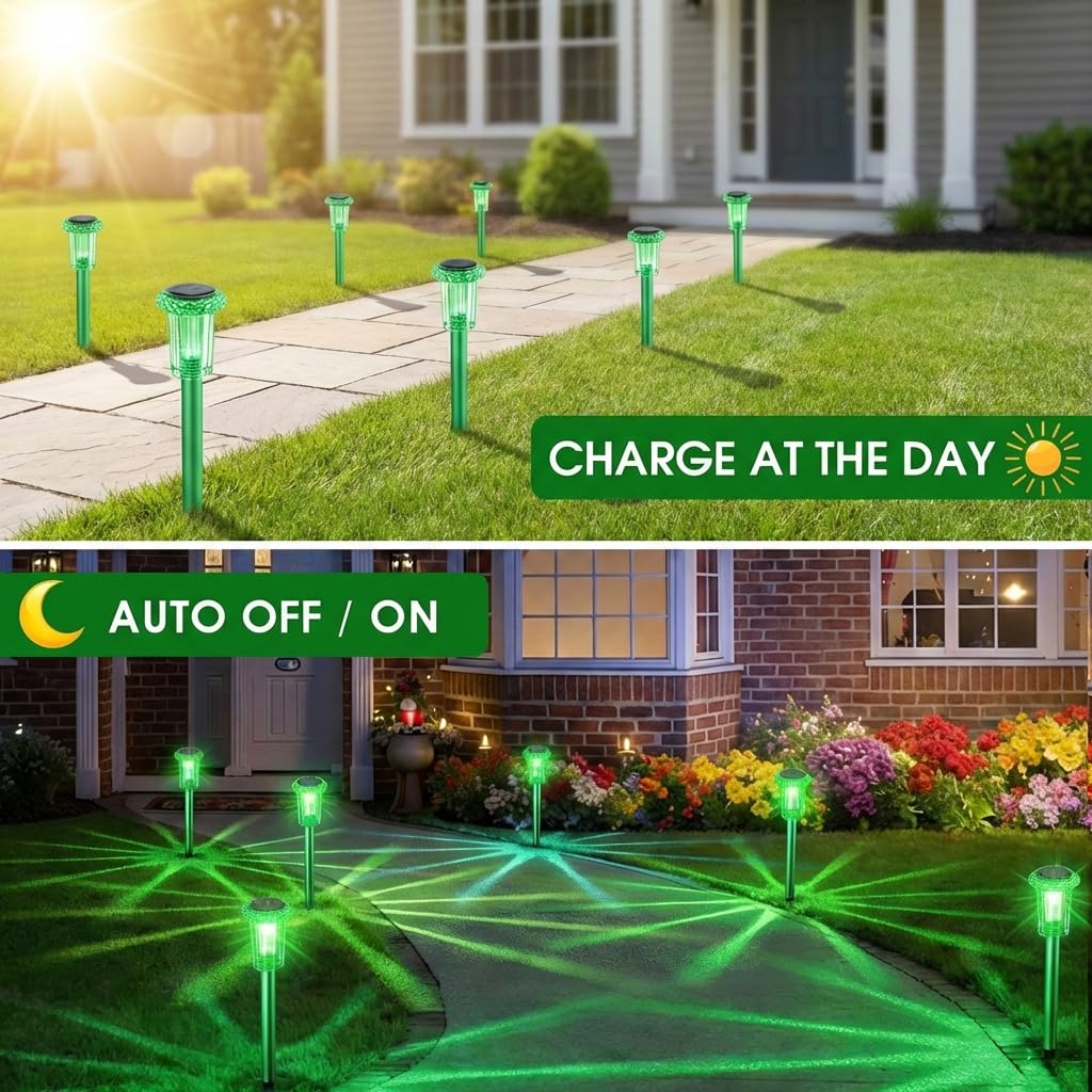 Eyrosa Solar Outdoor Lights, St Patricks Day 10 Pack Solar Pathway Lights Outdoor Waterproof, Stainless Steel Stake Lighting for Garden Yard Path Walkway Driveway Patio Lawn Outside Décor,Green