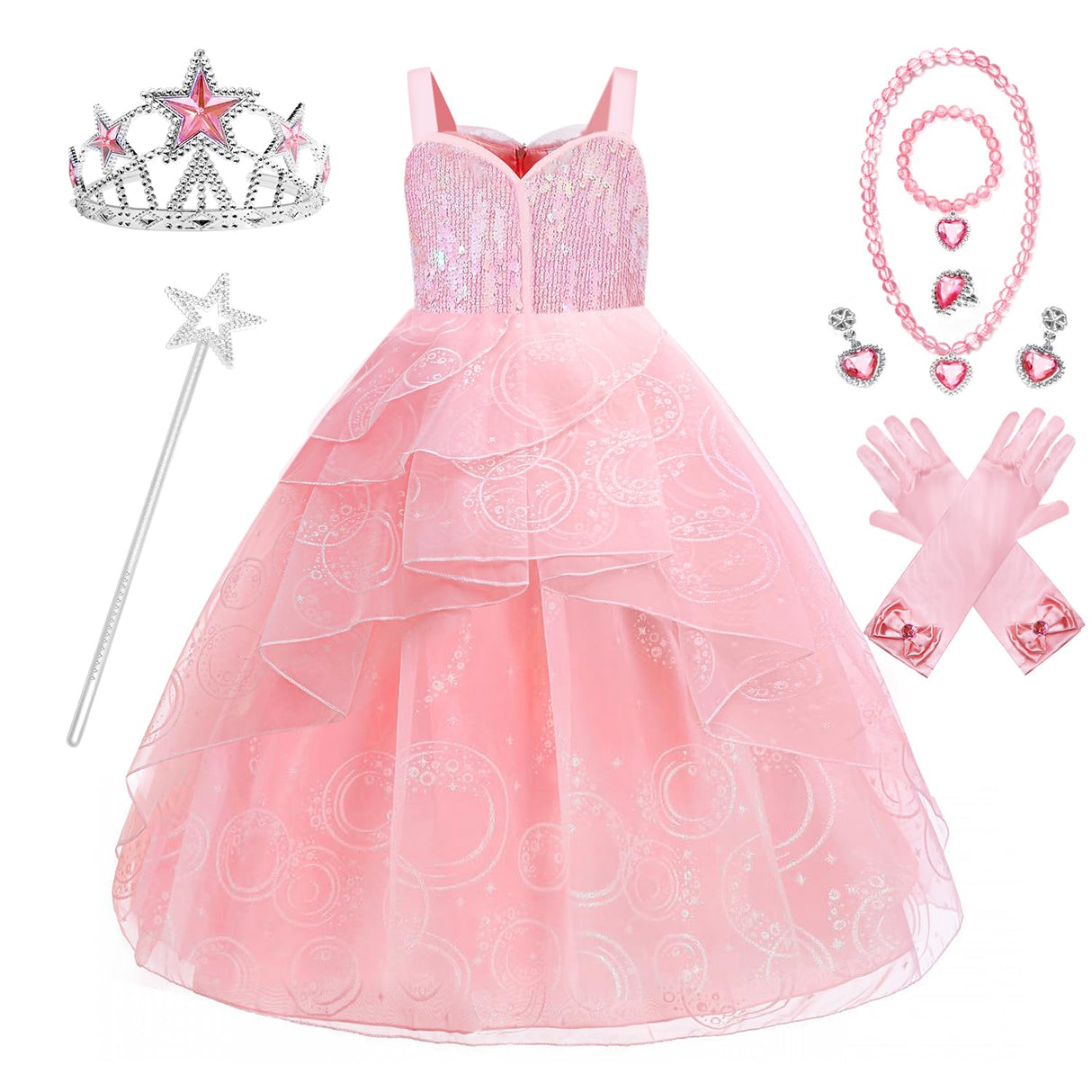 Axwcon Wicked Glinda Dress Costume for Girls, Pink Tulle and Sequin Witch Dress for Kids Christmas、Halloween Cosplay Costumes