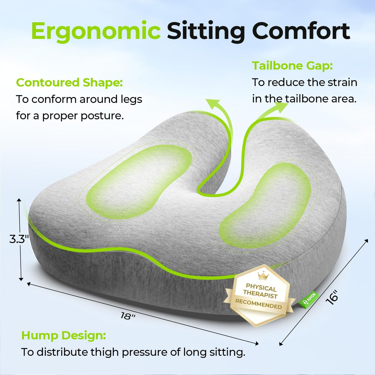 AUVON Seat Cushion for Tailbone Pain Relief with Dual-density Memory Foam for Ideal Support and Softness, Ergonomic Office Chair Cushion for Long Sitting, FSA HSA Eligible, Butt Pillow for Desk Chairs