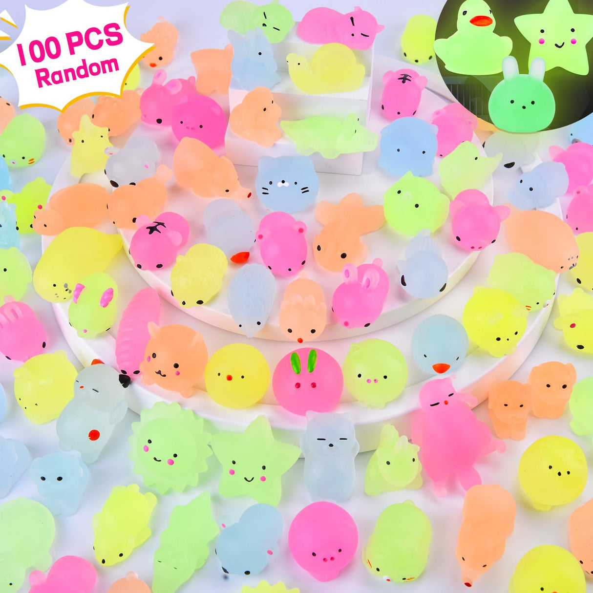 100 Pcs Mochi Squishy Toys for Party Favors for Kids Goodie Bags Stuffers, Squishies Mini Stress Relief Toys Glowing in The Dark for Christmas Party Favors Classroom Prizes Birthday Gifts for Kids