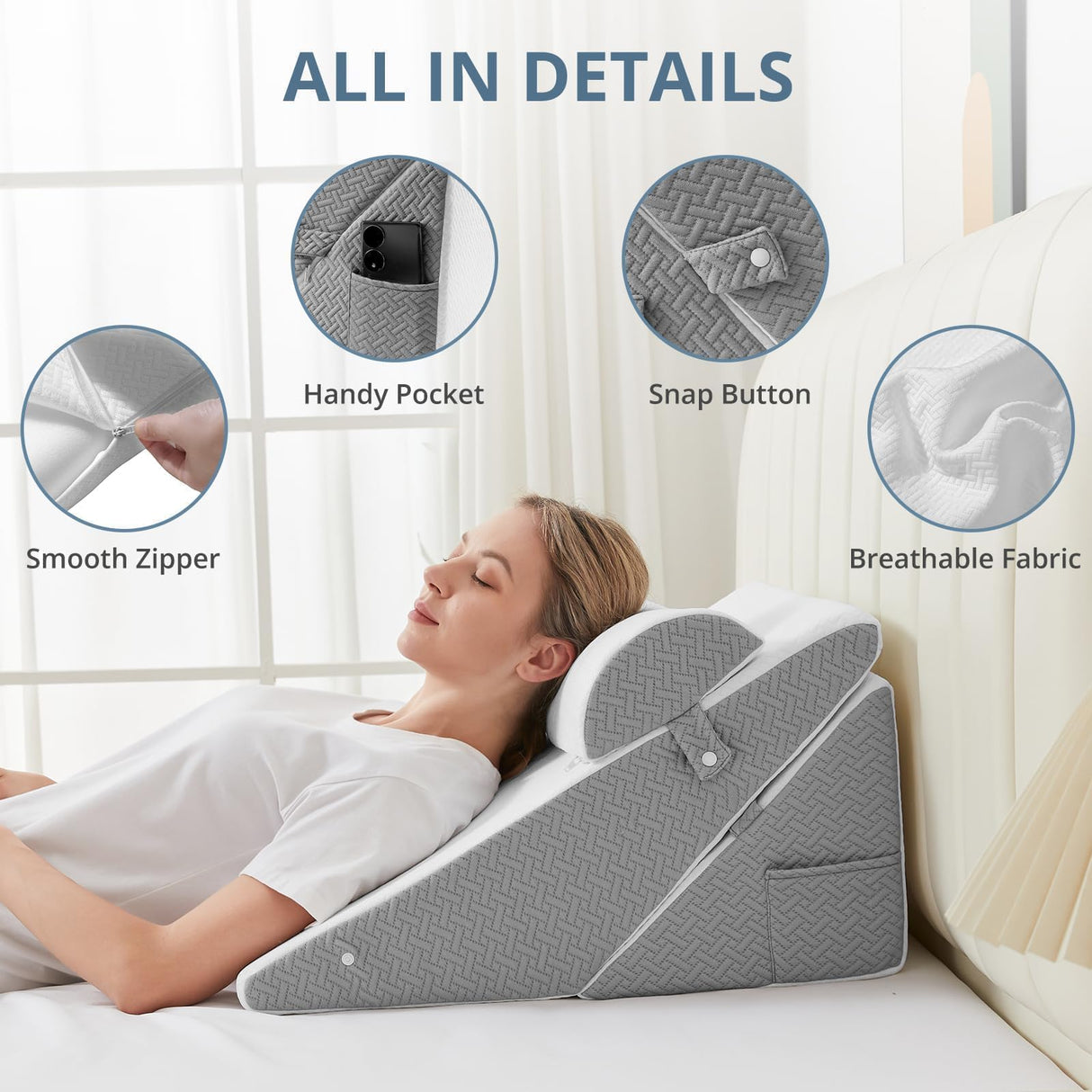 Sasttie Wedge Pillow for Headboard, Adjustable Bed Wedge Pillow Set with Orthopedic Memory Foam Neck Cushion – for Acid Reflux, Neck & Back Support, and Post-Surgery Recovery, White and Dark Grey