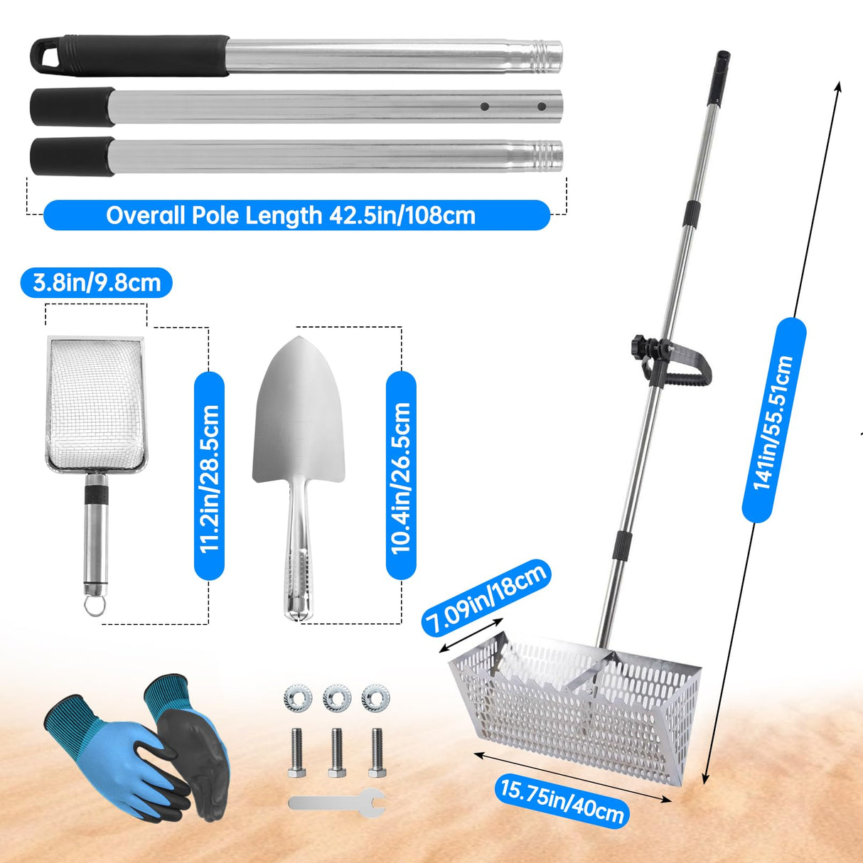 Sand Flea Rake,Detachable Long Handle Sand Sifter with Stainless Steel Sand Scoop Shark Tooth Sifter and Beach gloves with 16-Inch-Wide Drainage Mesh for Finding Fleas,Shells Shark Teeth,Yard Cleaning