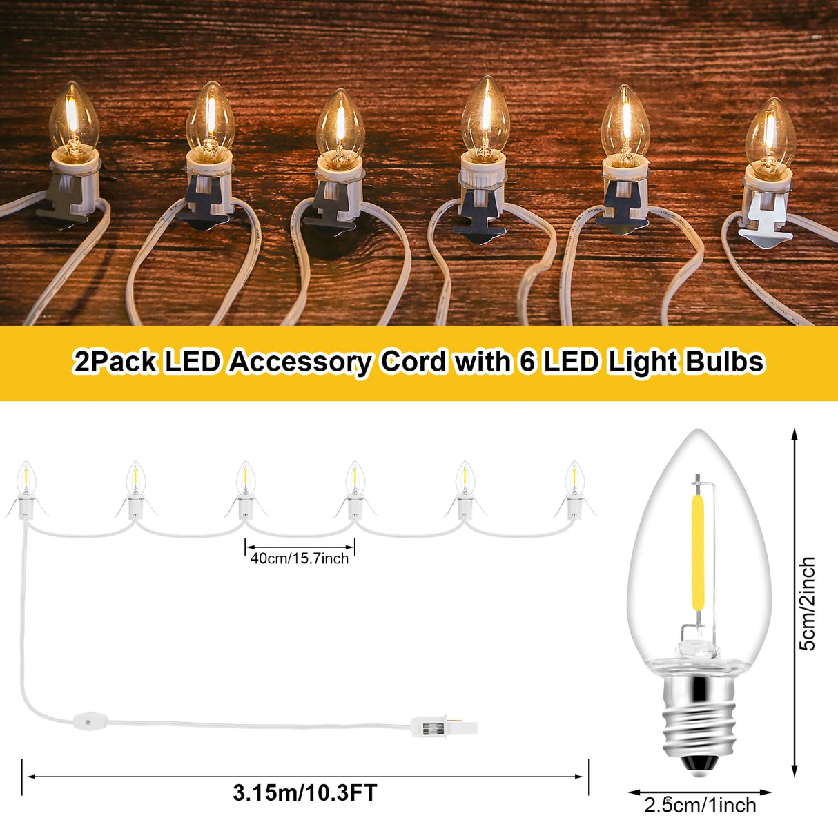 2Pack Accessory Cord with 12 LED Light Bulbs Christmas Village String Light 10.3FT White Cord with Spare Fuse Warm White C7 Lamp for Halloween Pumpkins Christmas Village Houses and Craft Decoration