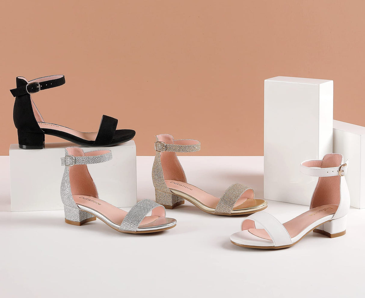 Dufannie White Heels for Girls Open Toe Ankle Strap Chunky Heel Kids Sandals Girls Dress Shoes Party Wedding First Communion Church Christmas Buckle Little Girl Sandals(3603White 3)