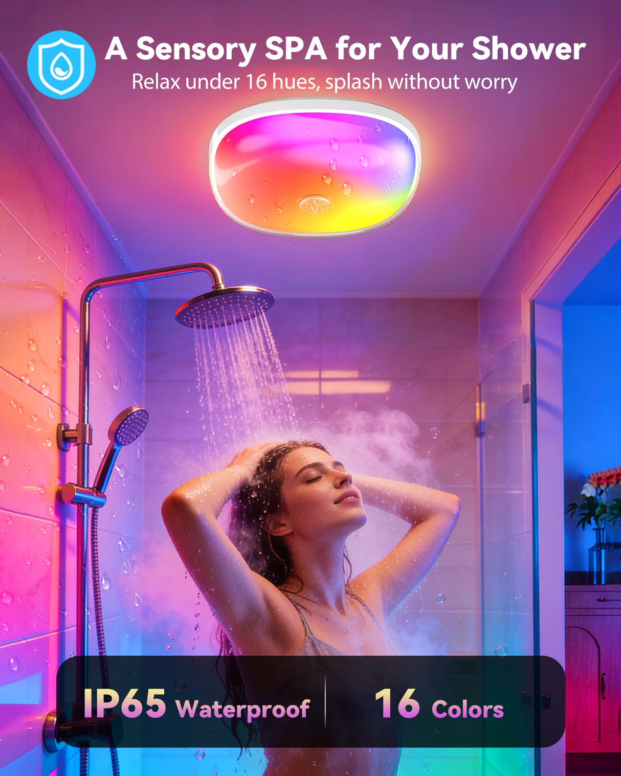 Gotopceed IP65 Waterproof Rechargeable Shower Light - 6โณ 300LM Bright, 16 Colors Bathroom Mood Lighting with Touch & Remote, Magnetic Wireless Ceiling/Wall Light for Inside Shower/Bathtub