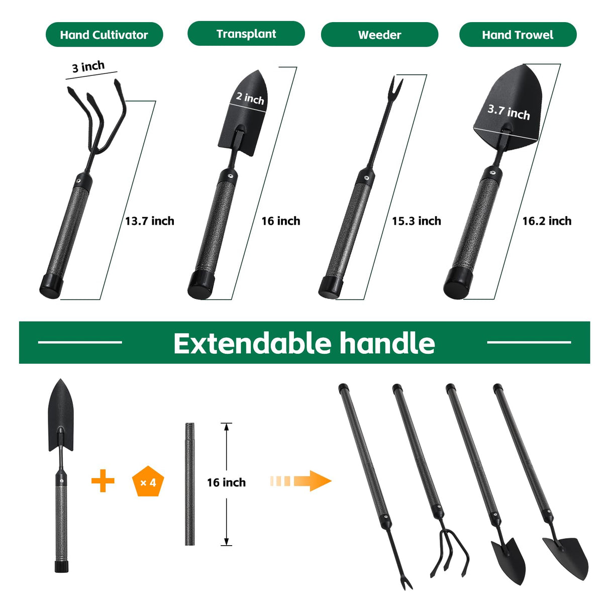 Garden Tools Set with Extension Handles, 5 Piece Thick Gardening Hand Tools, Heavy Duty Steel Rust-Proof Weeding Planting Tool Ideal Gardening Kit Gifts for Women and Men