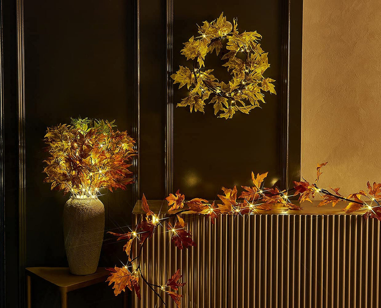 Hairui Lighted Maple Leaf Garland with Timer 6FT 24 Warm White LED, Fall Garland with Lights Battery Operated for Thanksgiving Harvest Christmas Wedding Decoration Indoor Outdoor