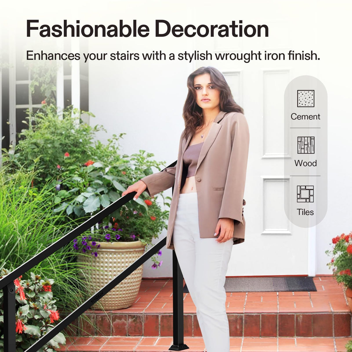 VIVOSUN Outdoor Handrail, 4 Step Stair Handrail, 54" x 36" Fits 1 to 4 Steps, Wrought Mattle Iron Handrail for Concrete Steps, Porch Steps, One-Step Assembly, Black
