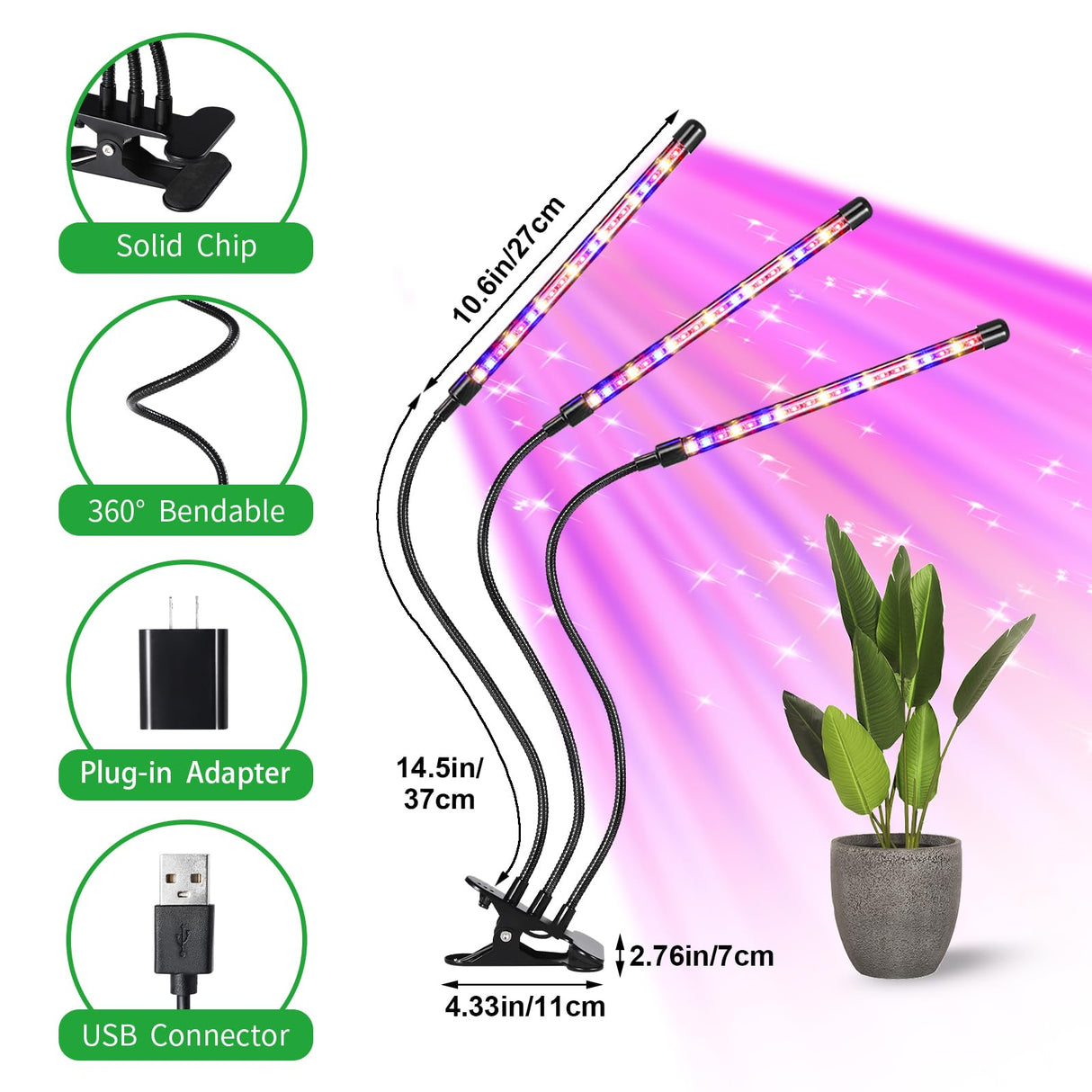LED Plant Grow Light, Suitable for Indoor Plants, Full Spectrum Clip on Plant Growing Light with Red, Blue, Yellow Beads, 10 Brightness Levels, 3 Light Modes, 3/9/12H Auto Timer, 3 Head
