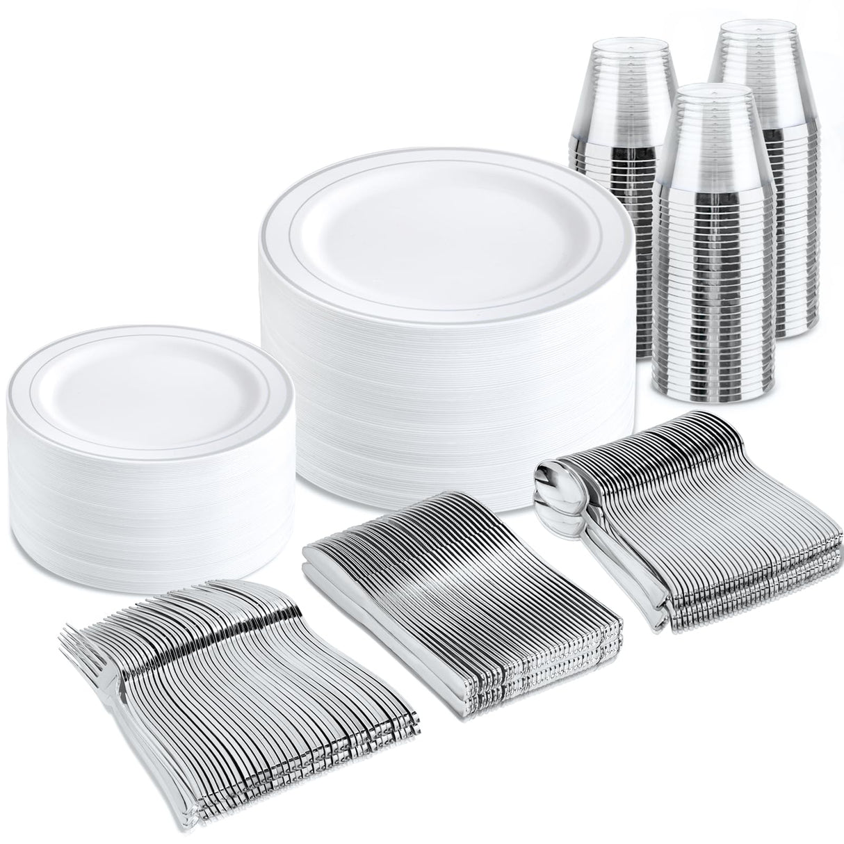 bUCLA 300PCS Silver Disposable Plastic Dinnerware Set - 50 Guests White Silver Disposable Plates Include 50 Dinner Plates,50 Dessert Plates,50 Knives,50 Forks,50 Spoons,50 Cups for Party & Christmas