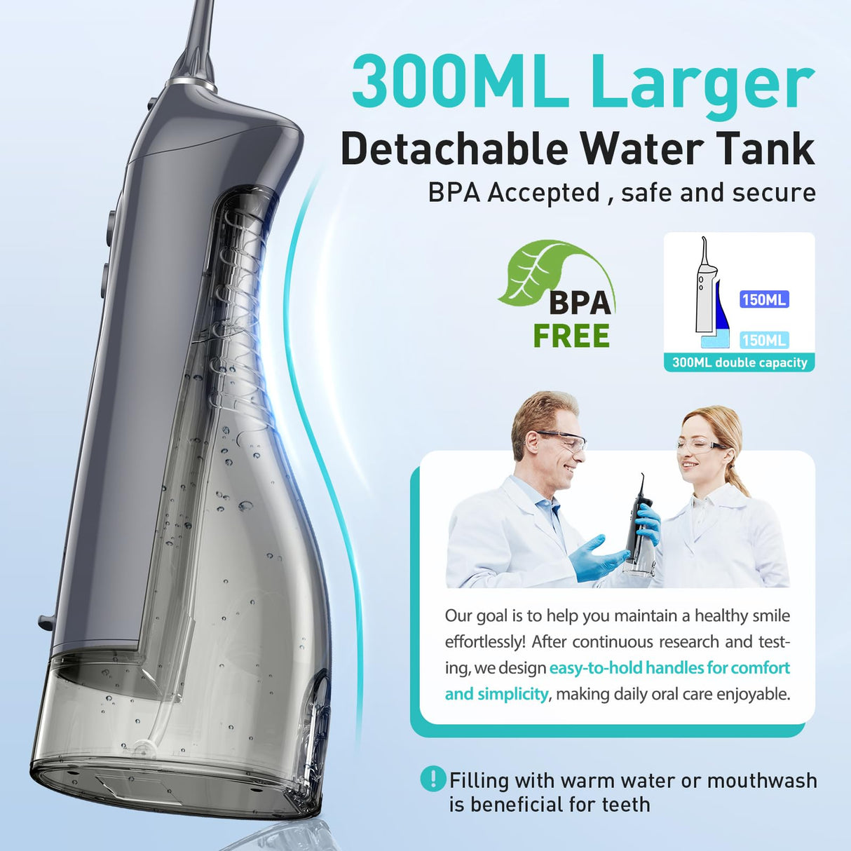 COSLUS Water Dental Flosser Teeth Pick: Portable Cordless Oral Irrigator 300ML Rechargeable Travel Irrigation Cleaner IPX7 Waterproof Electric Flossing Machine for Teeth Cleaning C20(F5020E) Grey