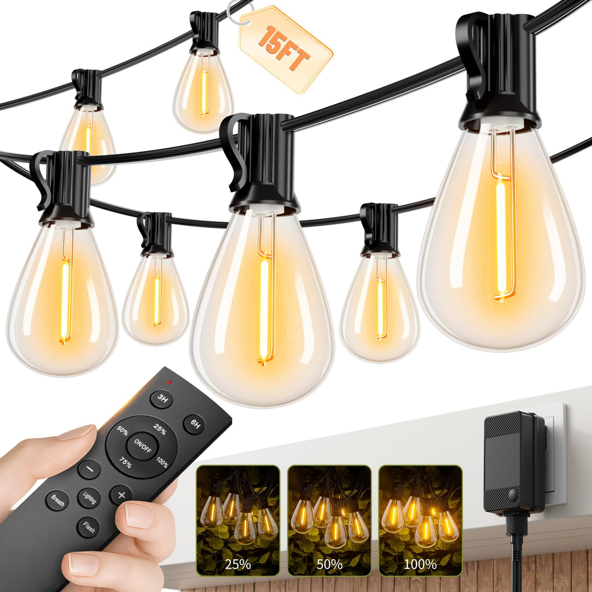 Sikitul 15FT LED Outdoor String Lights with Remote, One Continuous Strand Patio Lights with 8+1 Shatterproof S11 Bulbs, Dimmable 2200K Warm White, Timer & 3 Modes, Low Voltage for Backyard Garden