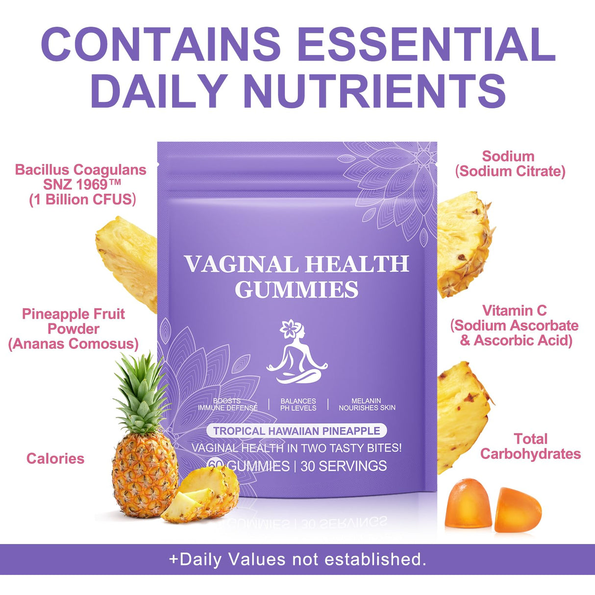 120 Count Vital Natural Vaginal Probiotics Source Feminine Gummies, PH Balance for Women, Improve Immune, Hawaiian Pineapple Flavor, Vegan & Low Sugar, Premium Balance Gummies