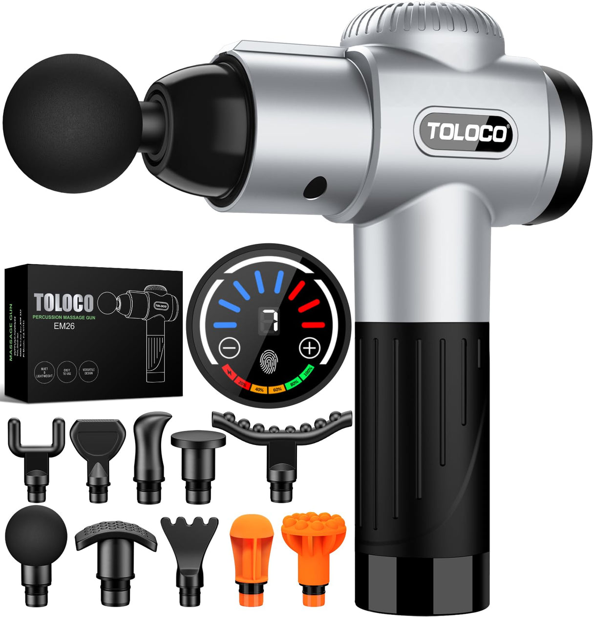TOLOCO Massage Gun, Muscle Massage Gun Deep Tissue for Athletes with 10 Massage Heads, Electric Percussion Massager for Any Pain Relief, Gifts for Fathers Day, Silver