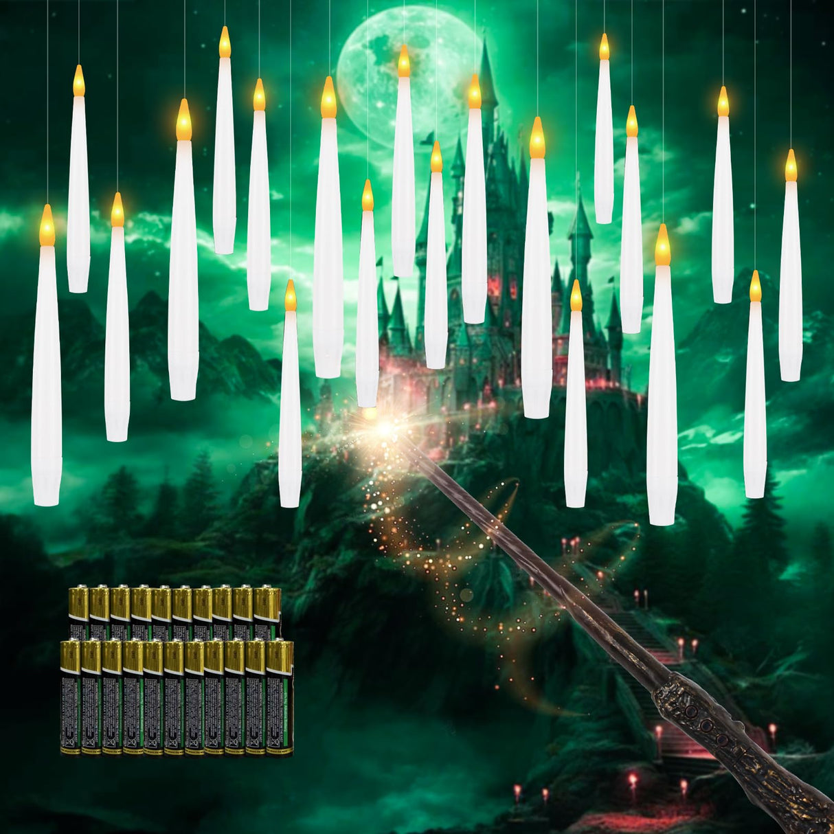 Sunjas 20 PCS Floating Candles with Wand LED Magic Hanging Candle Battery Operated Candle with 21 Batteries Include Flickering Warm Light Floating Candles for Christmas Halloween Decoration